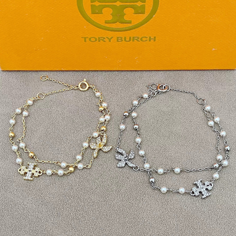 Tory Burch Diamond Flower Pearl Letter Layered Metal Bracelet